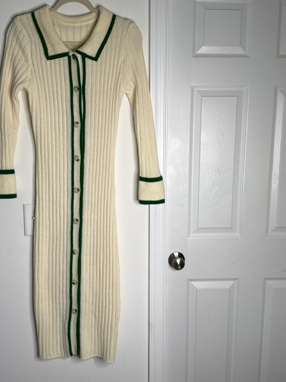Cream Ribbed Button-Front Knit Dress with Green Trim